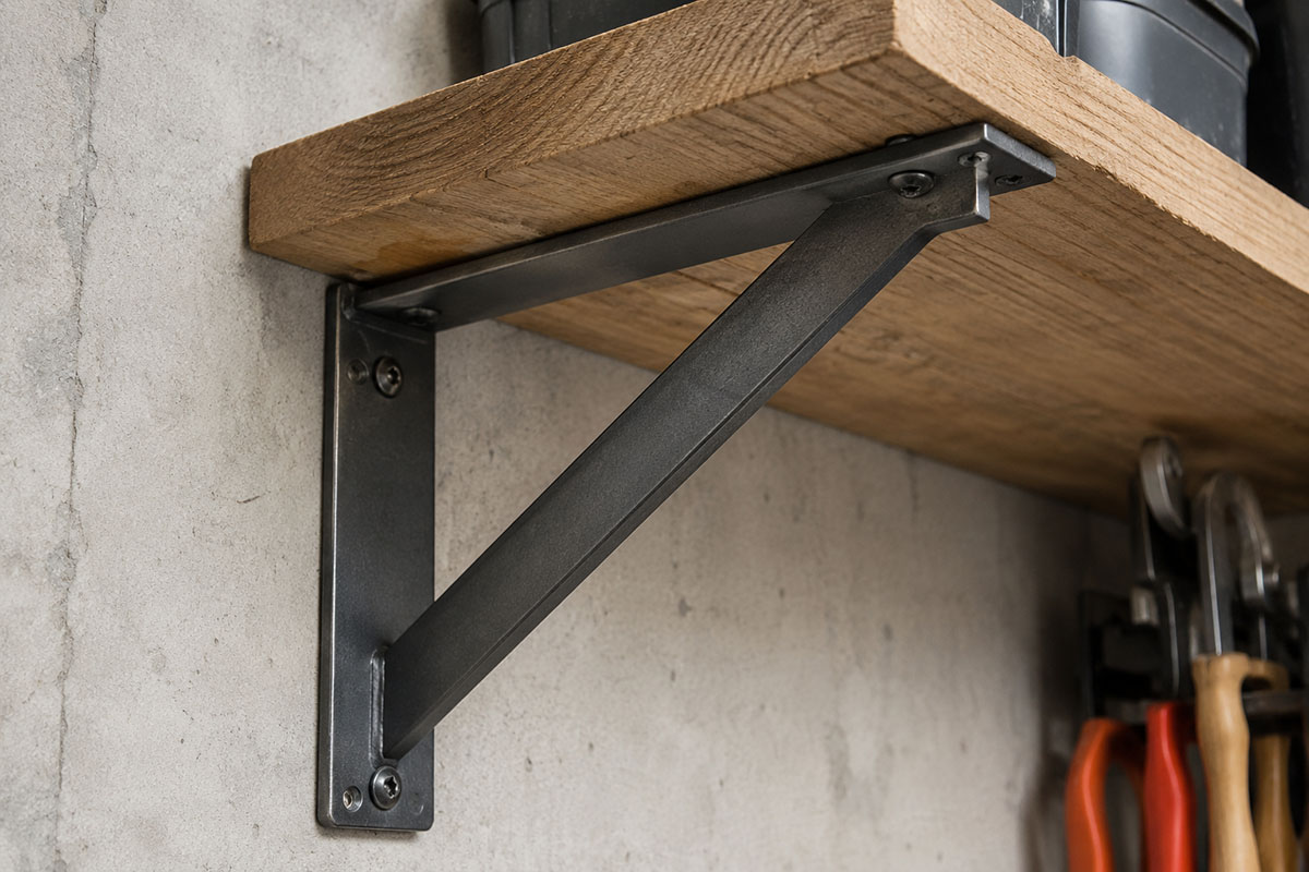 Heavy duty shelving bracket fixed to wall with concrete screws